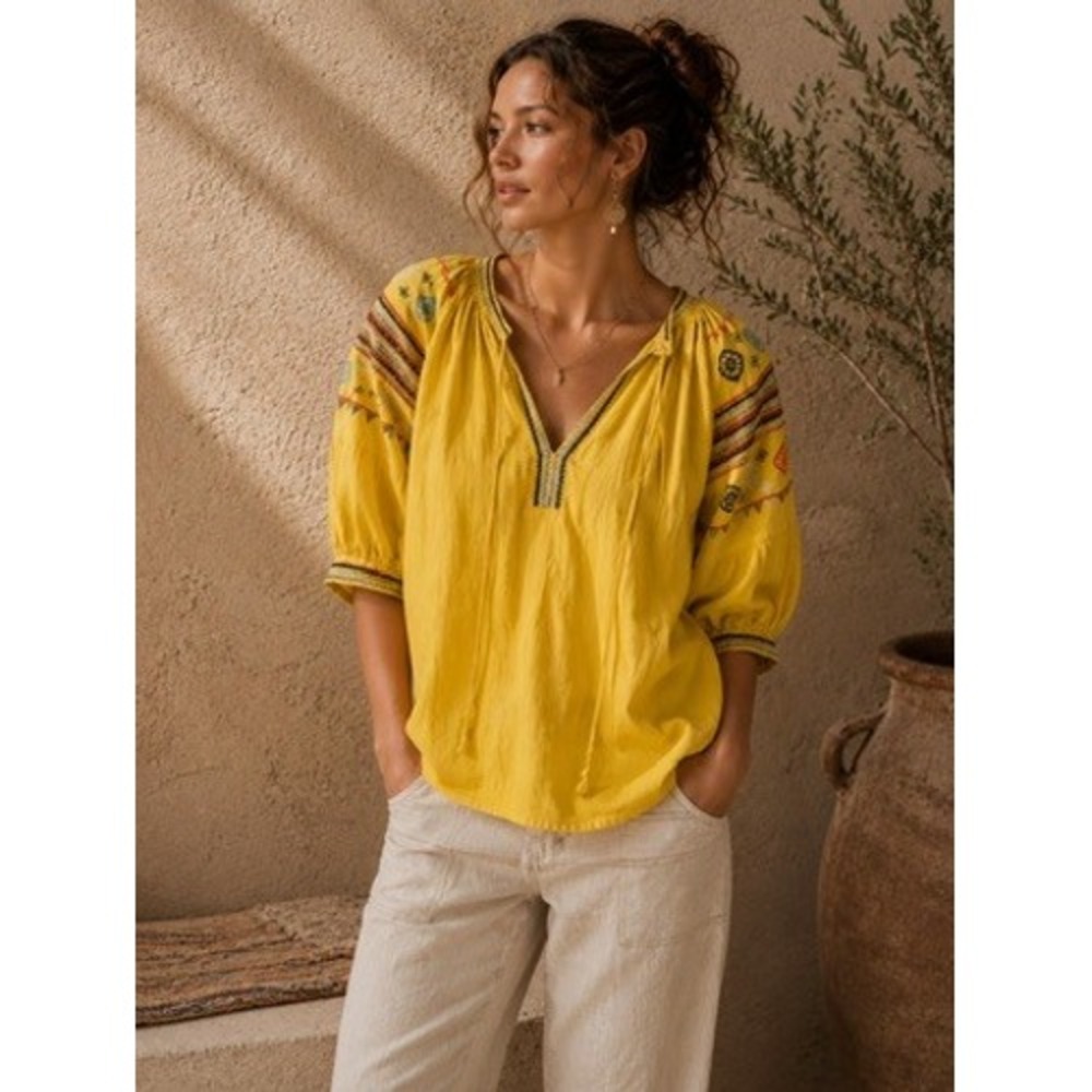 Alamwar Yellow Cotton Embroidered Peasant Blouse V-Neck Puff Sleeve Small Boho